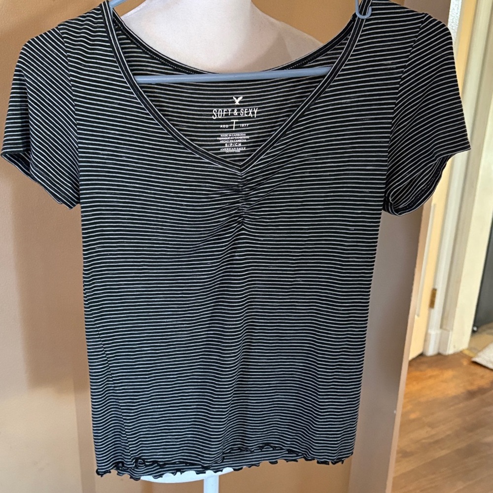 Self Esteem Black and White Striped Short Sleeve Top